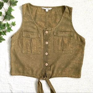 Vanilla Star (juniors) cropped rustic linen-viscose tank w/ front tie, acid wash